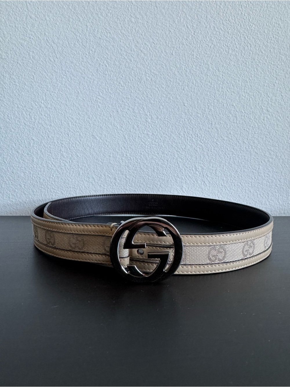 Authentic Gucci Belt - Beige GG Canvas Belt with Silver Hardware